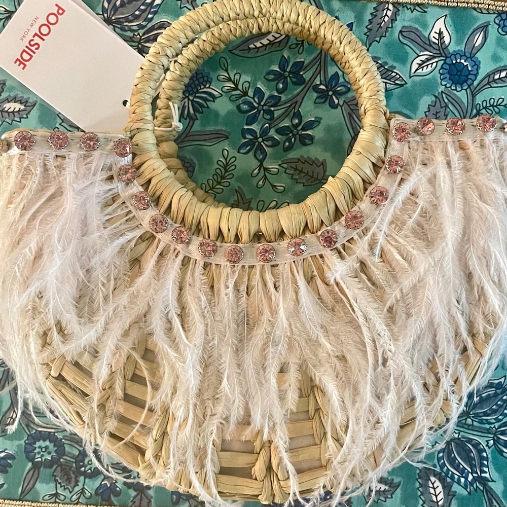 POOLSIDE Bag - Holly Mini Raffia bag with pink crystal & white feather embellish